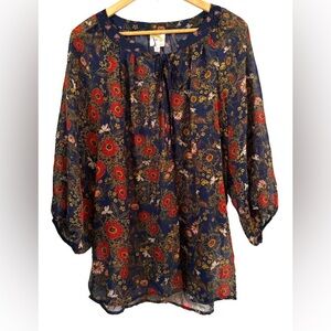 fig and flower nvy & rust 3/4 slv rnd nk semi sheer tunic w tie at nk SZ 2X